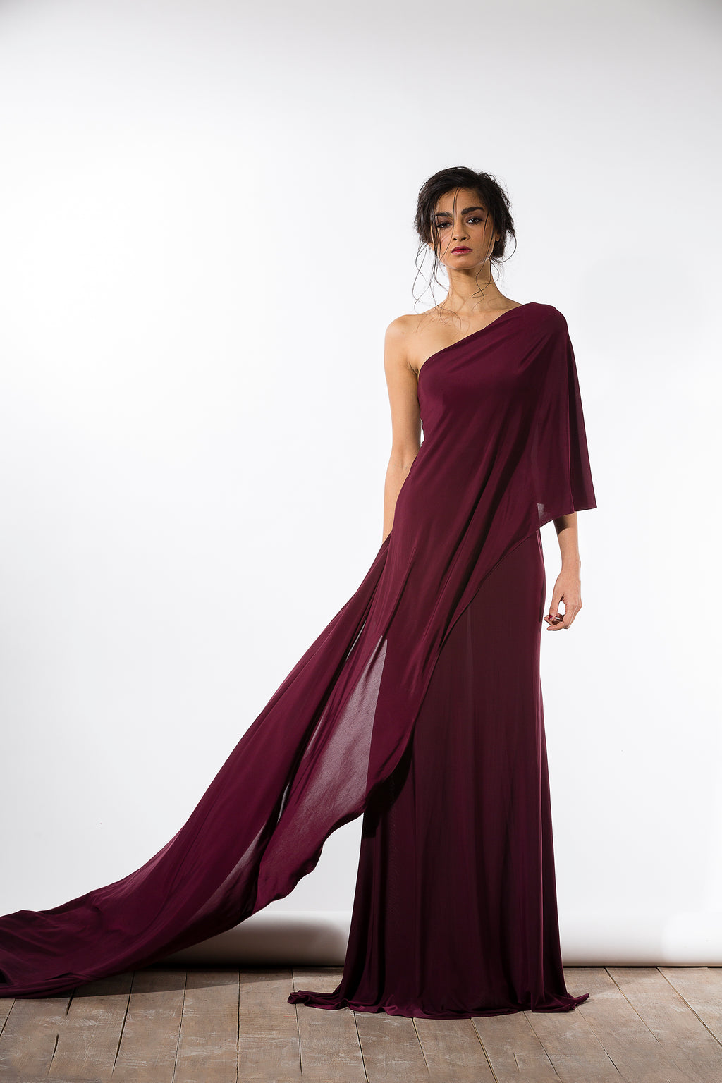 Wine One-Shoulder Draped Dress
