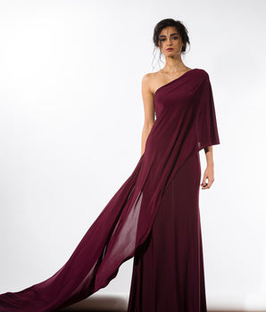 Wine One-Shoulder Draped Dress