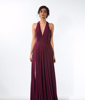 Wine V-Neck Gown - Bhaavya Bhatnagar