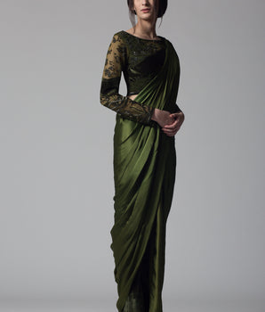 Olive Green Concept Sari - Bhaavya Bhatnagar