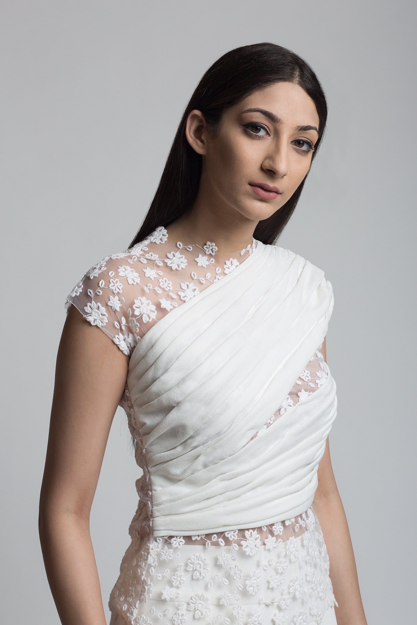 Ivory Floral Embroidered Draped Blouse - Bhaavya Bhatnagar