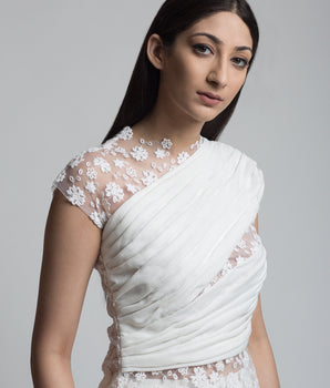 Ivory Floral Embroidered Draped Blouse - Bhaavya Bhatnagar