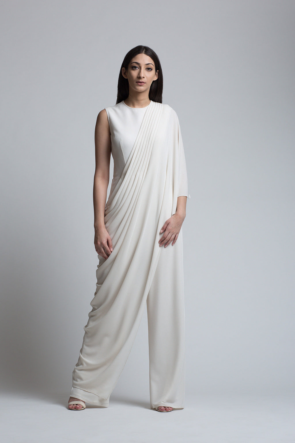 Ivory Draped Jumpsuit Sari - Bhaavya Bhatnagar