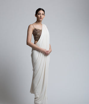 Ivory & Gold Concept Sari - Bhaavya Bhatnagar