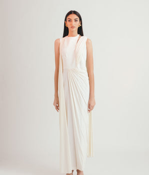 Ivory Entwined Flow Jumpsuit Sari - Bhaavya Bhatnagar