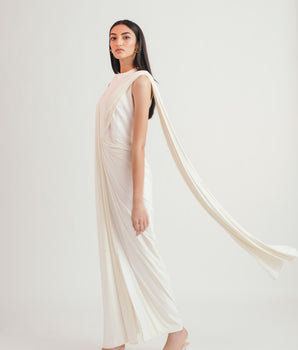 Ivory Entwined Flow Jumpsuit Sari - Bhaavya Bhatnagar