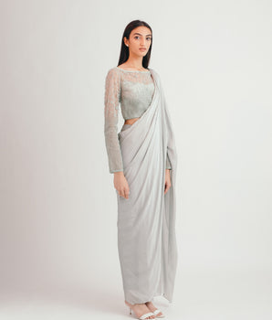 Sage Green Cloudscape Concept Sari - Bhaavya Bhatnagar