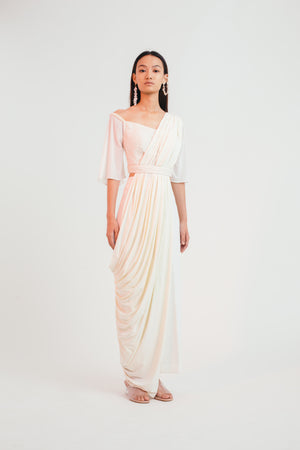 Ivory Flutter Trouser Sari - Bhaavya Bhatnagar
