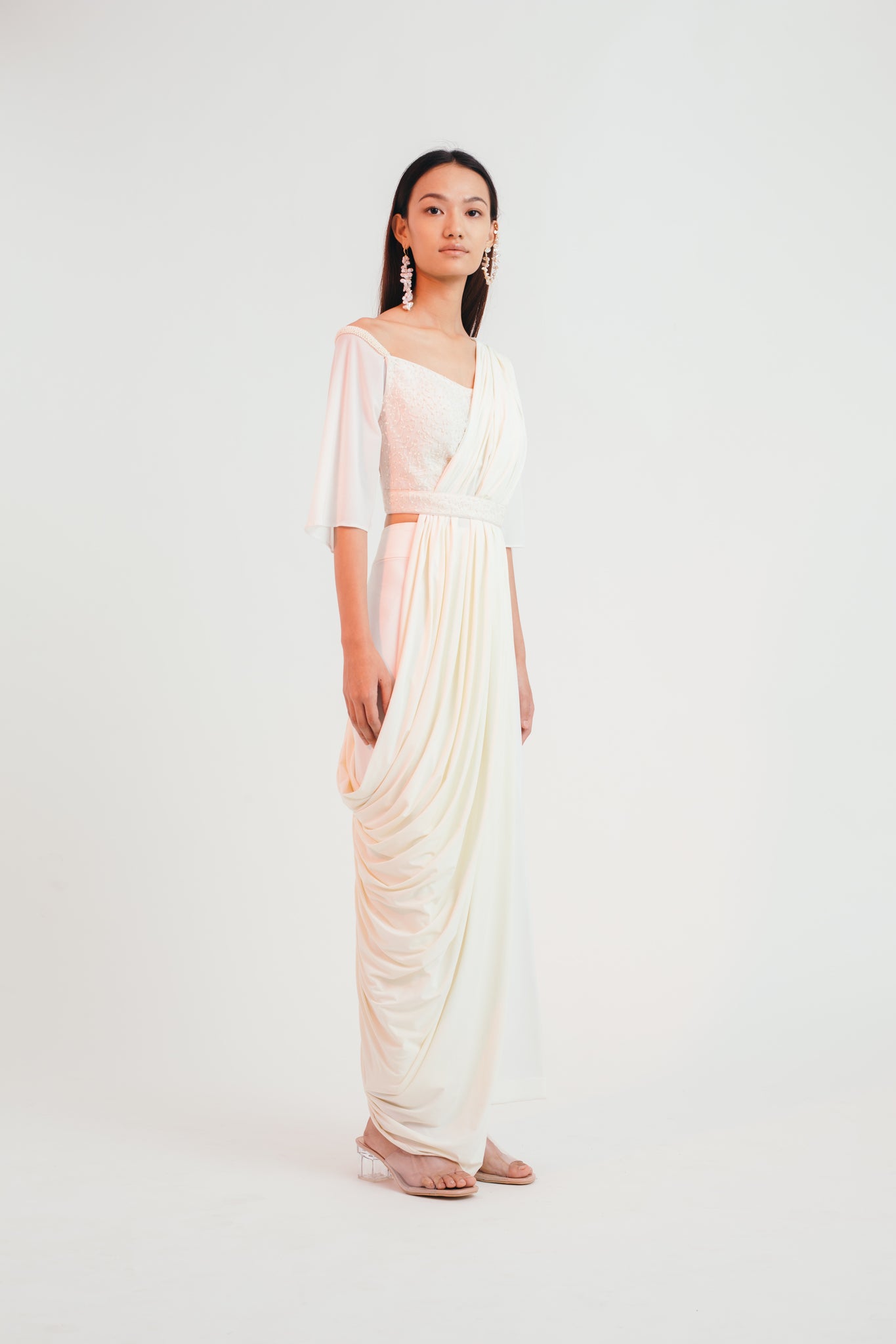 Ivory Flutter Trouser Sari - Bhaavya Bhatnagar