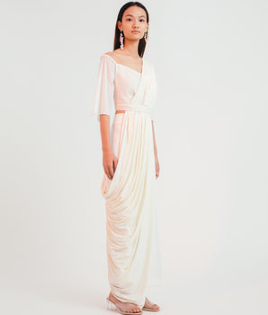 Ivory Flutter Trouser Sari - Bhaavya Bhatnagar