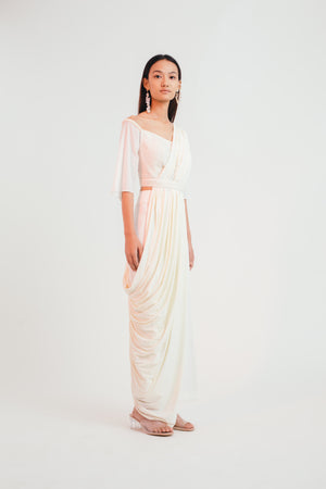 Ivory Flutter Trouser Sari - Bhaavya Bhatnagar