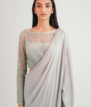 Sage Green Cloudscape Concept Sari - Bhaavya Bhatnagar